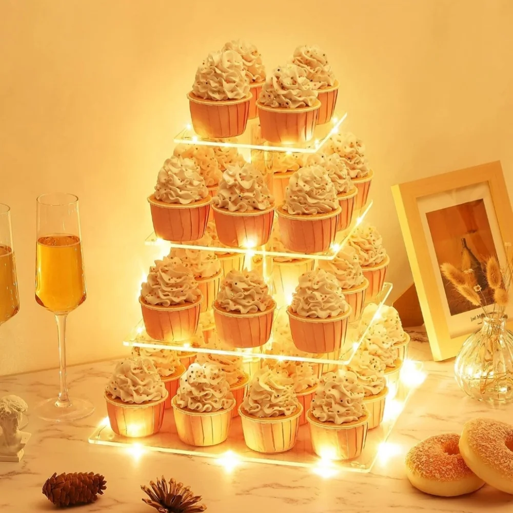 4 Tier Cupcake Stand with LED String Light, Acrylic Display Stand